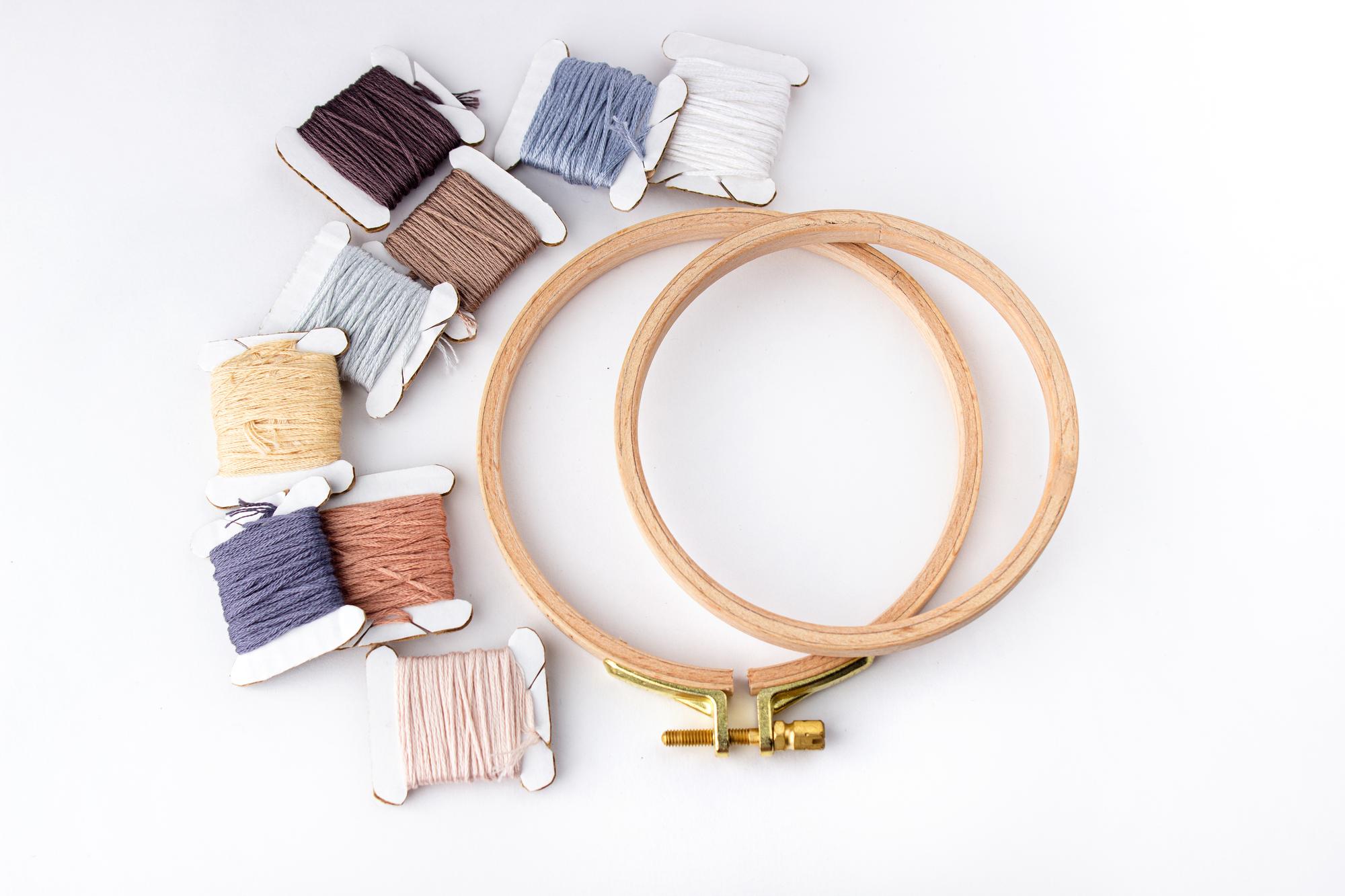 studio workbench with threads and hoops